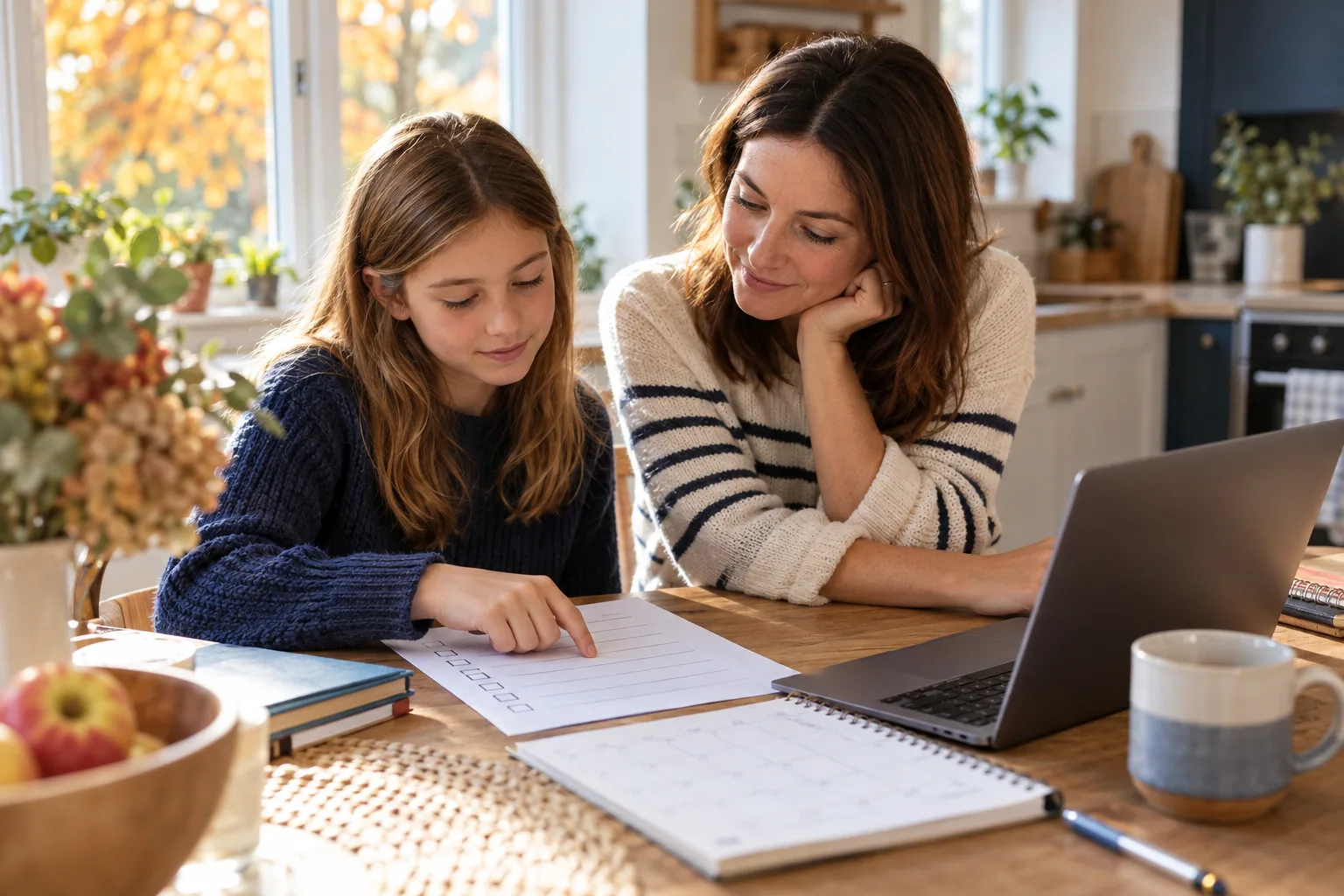 Parent and child reviewing a secondary-school application checklist together
