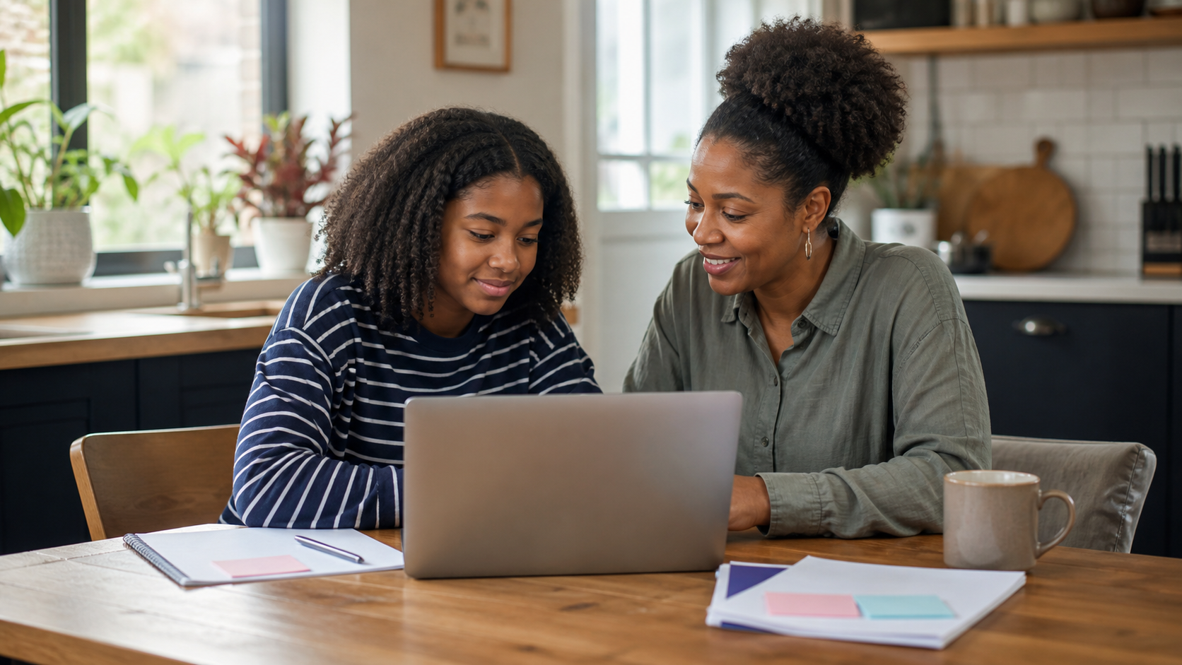 Mother and teenage daughter completing a school application together