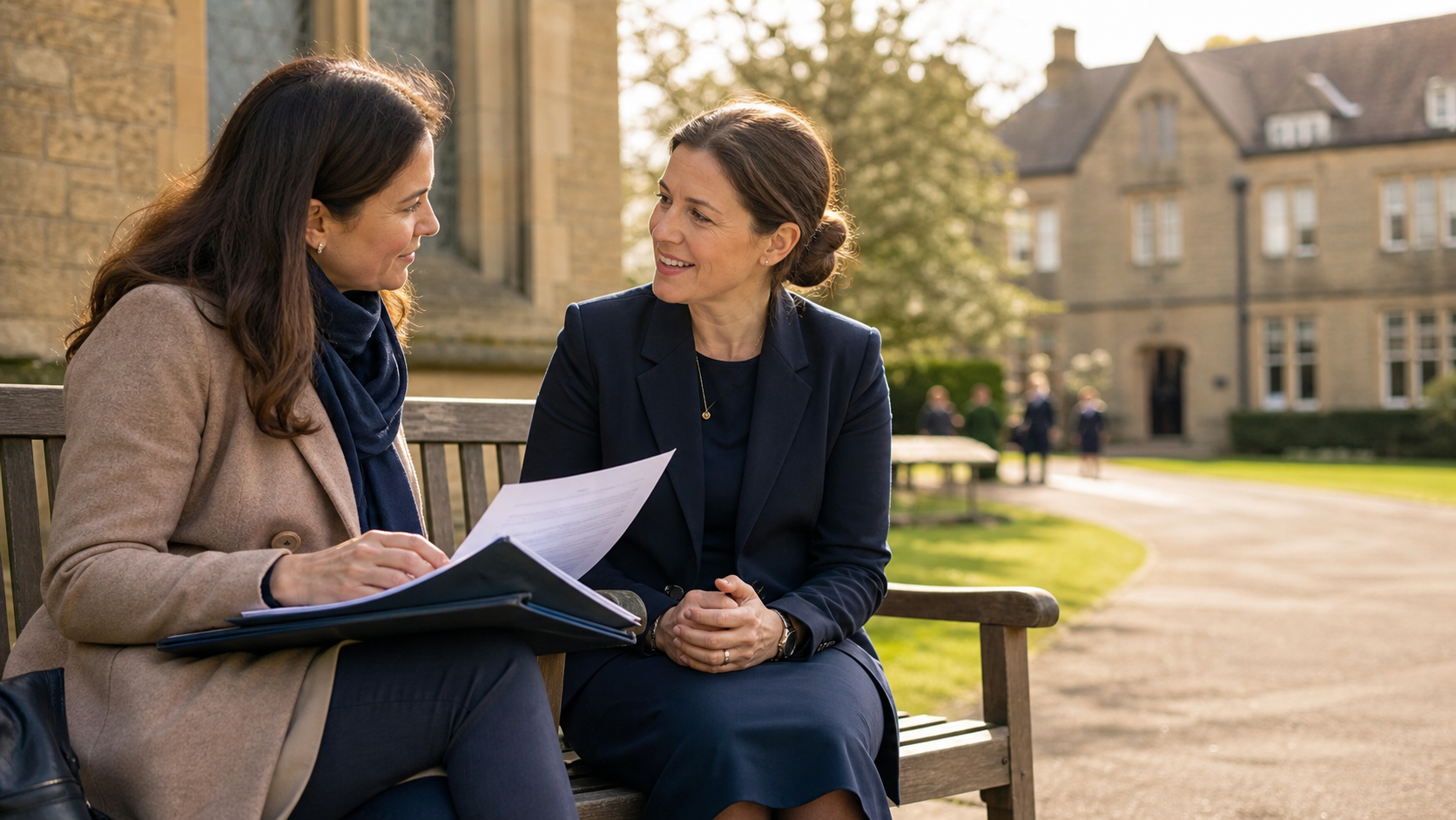 Parent and child looking over school notes together at a kitchen table