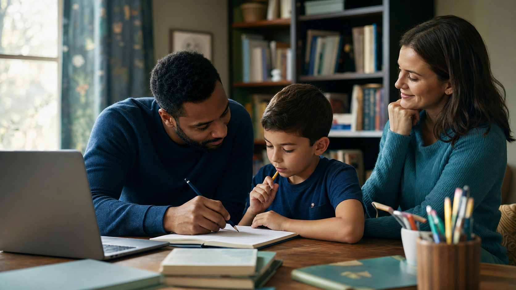 Family reviewing school options together on a laptop