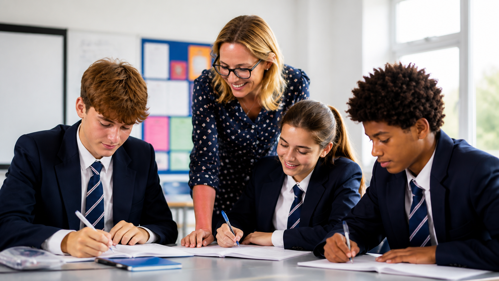 Teacher supporting a diverse group of secondary pupils in a classroom