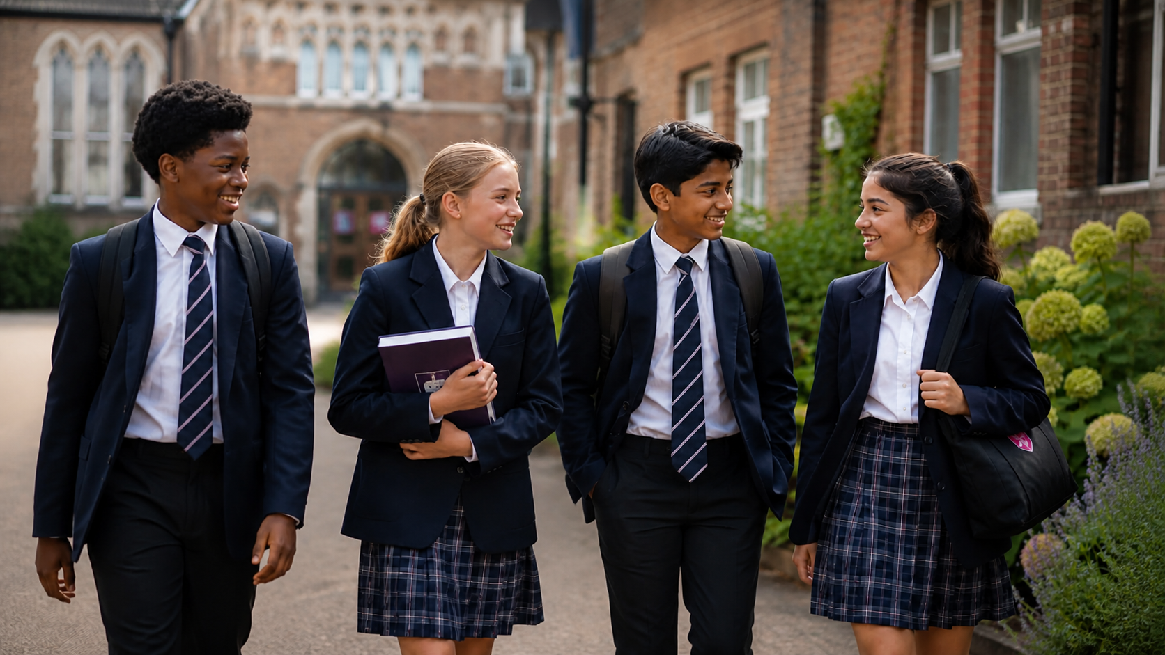 Diverse secondary pupils walking together outside a British school
