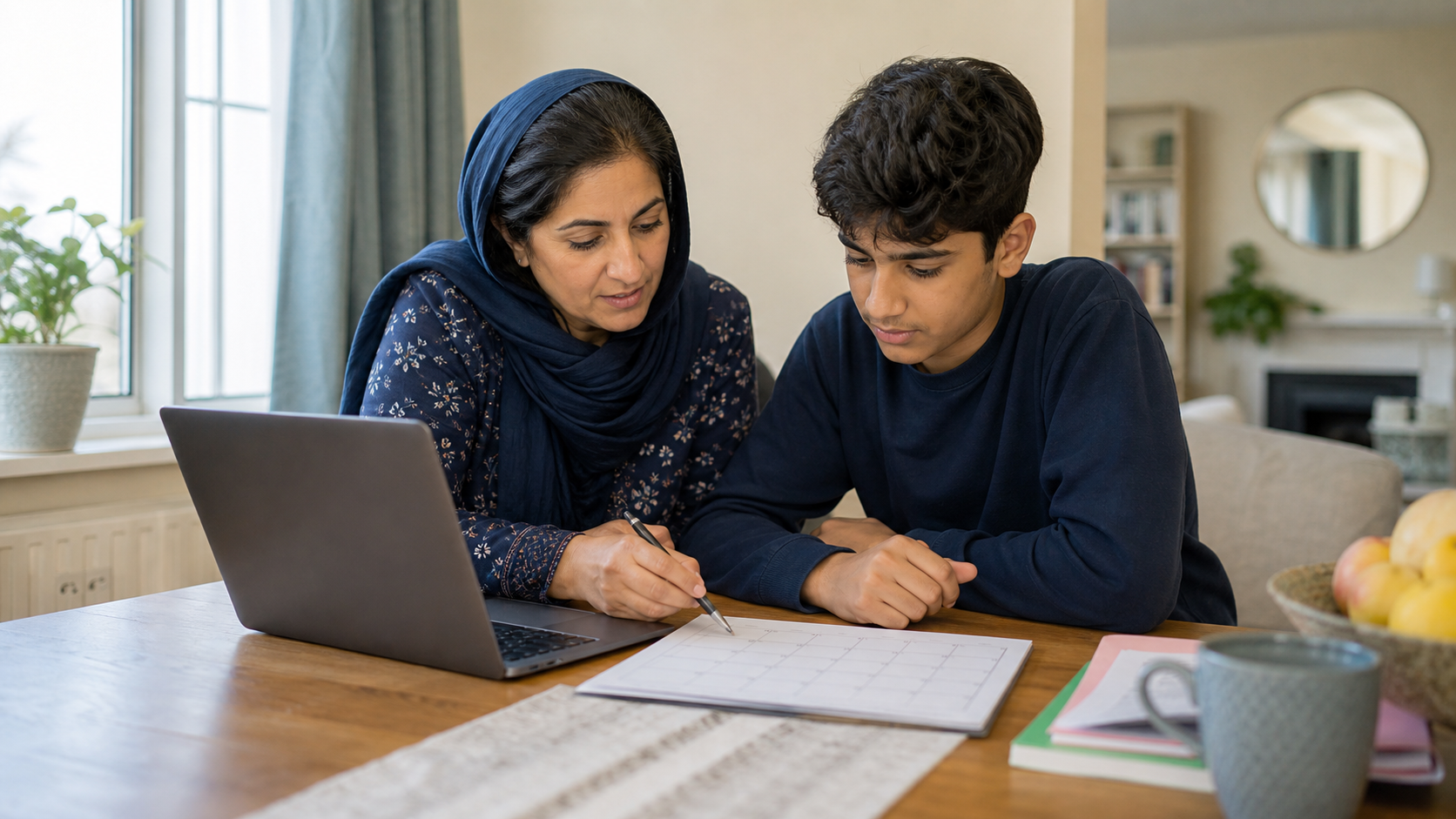 Mother and teenage son reviewing school application deadlines together