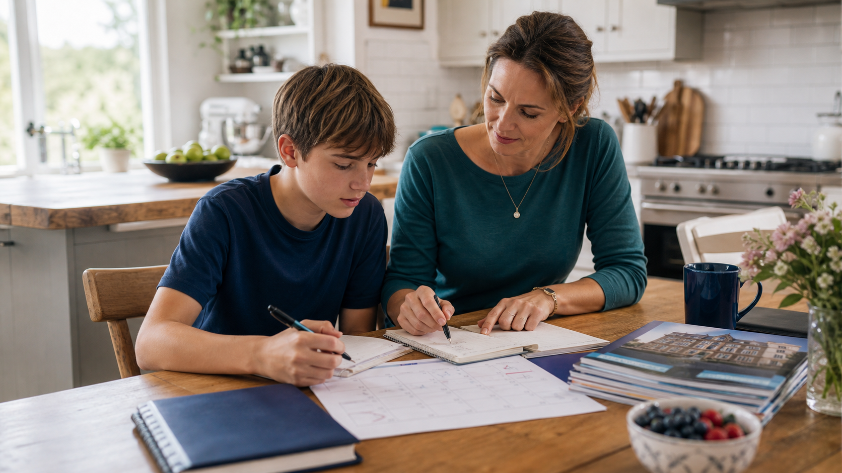 Parent and child looking over school notes together at a kitchen table