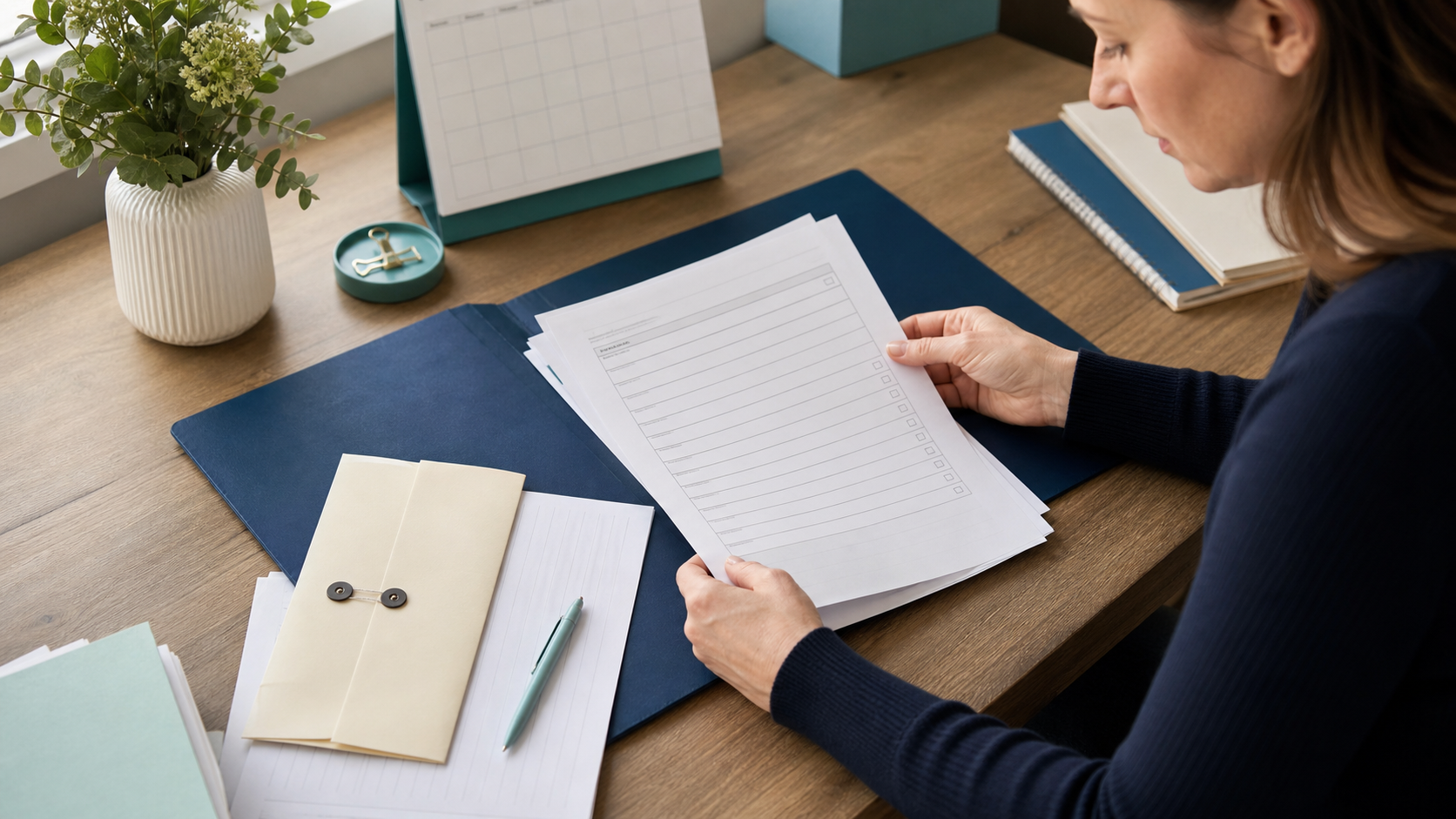 Parent and child looking over school notes together at a kitchen table