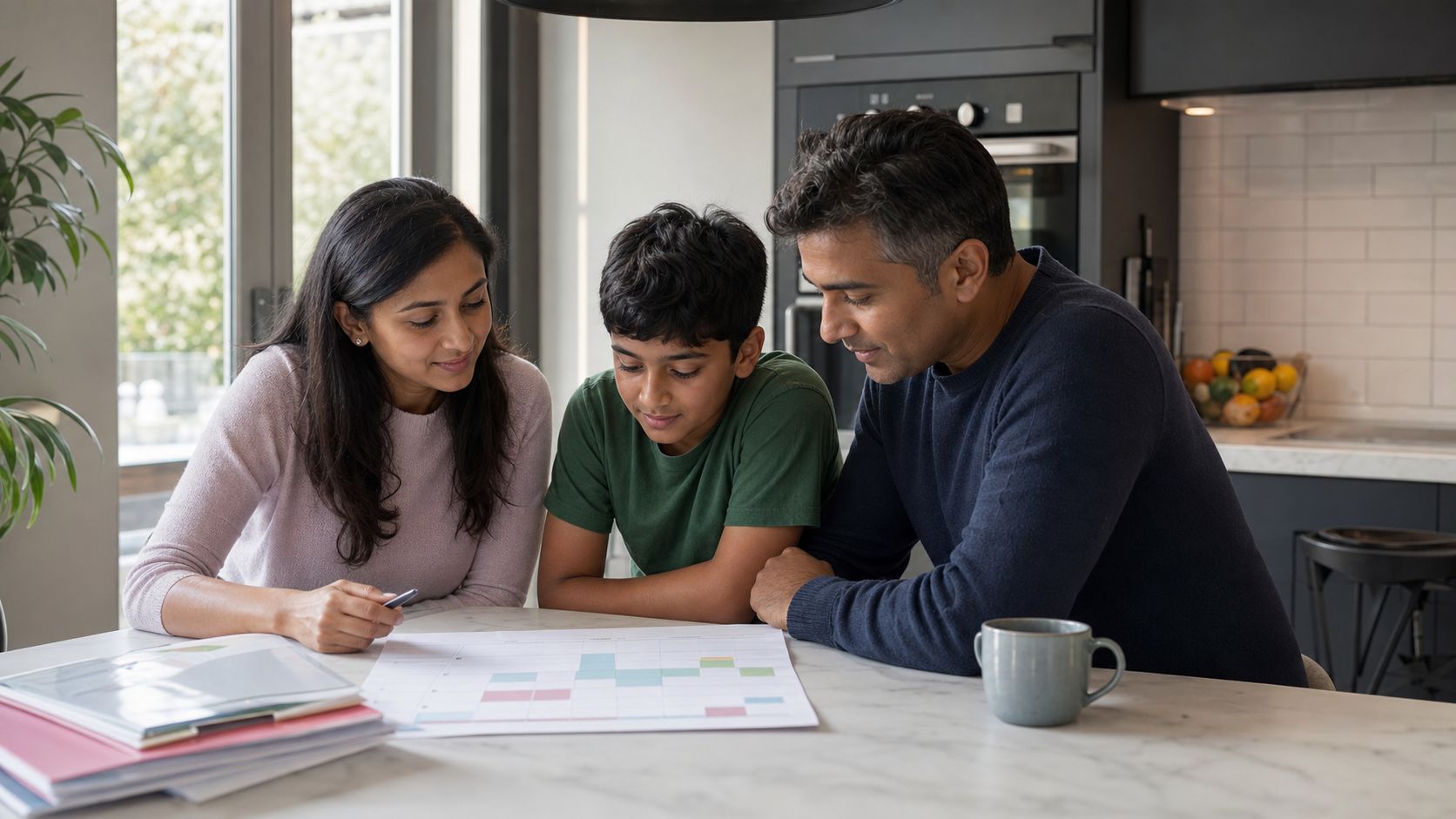 Indian family reviewing a grammar school application calendar together