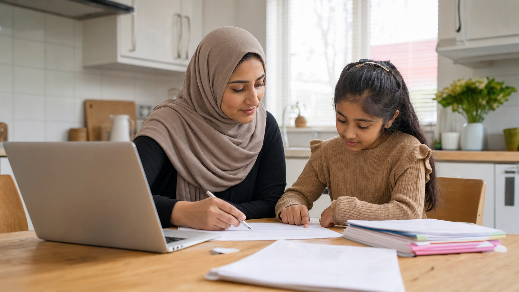 Muslim mother and daughter reviewing primary school application notes together