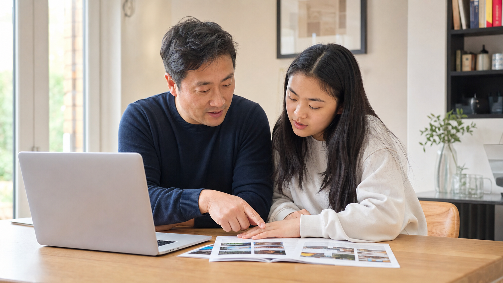 Chinese father and daughter comparing state school options together